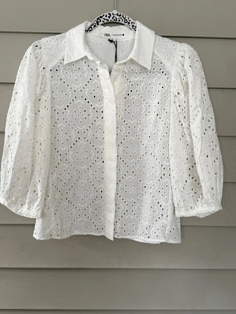 Zara White Eyelet Button-Down Shirt with Puff Sleeves